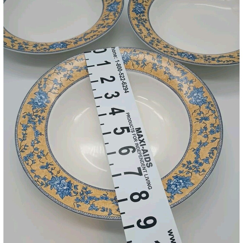 (3) AMERICAN ATELIER English Toile Rimmed Soup Bowls #5076 Porcelain Yellow Blue - Picture 3 of 4